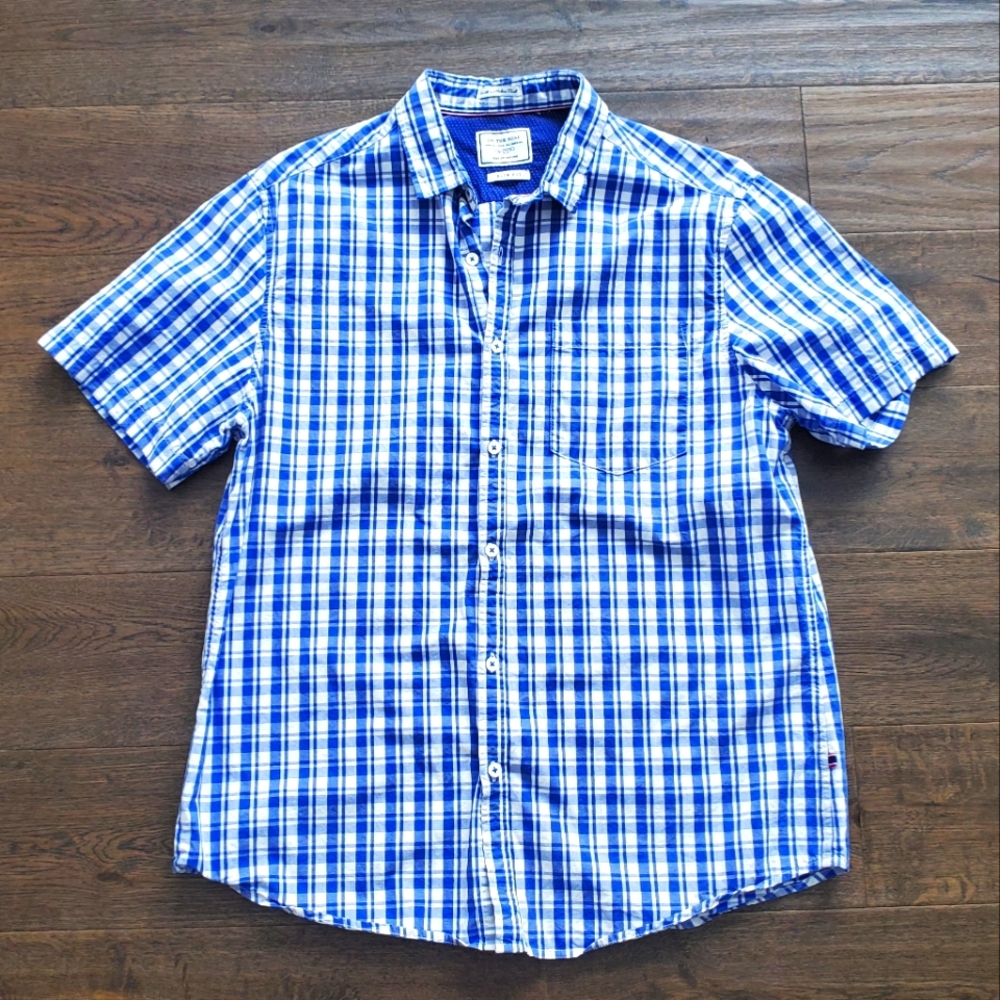 Men's Blue Plaid Casual Shirt Checks Short Sleeves Slim Sport Golfwear 16.5